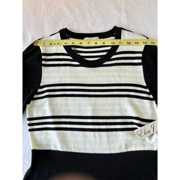 Eliza J Sz MED Sweater Dress Fit & Flare Knit Long Sleeve Black White Striped - Picture 6 of 9